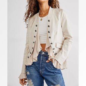 Free People Ruffles Romance Military Style Ruffle Hem Blazer in “Natural…